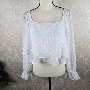 Altar'd State Size Medium White Cropped Blouse Sheer Long Sleeves Ruffle Cuff
